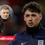 James Trafford in training for England, with Eddie Howe and Roberto De Zerbi in circular insets