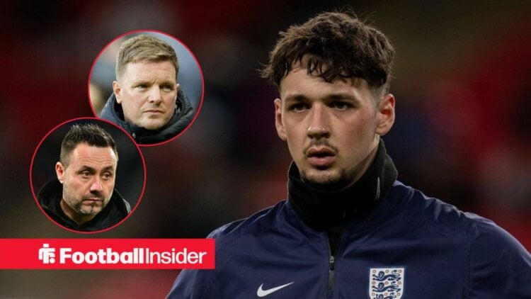 James Trafford in training for England, with Eddie Howe and Roberto De Zerbi in circular insets
