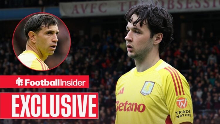 Football Insider exclusive as James Trafford wears an Aston Villa shirt, while Emi Martinez looks concerned in a circular inset.