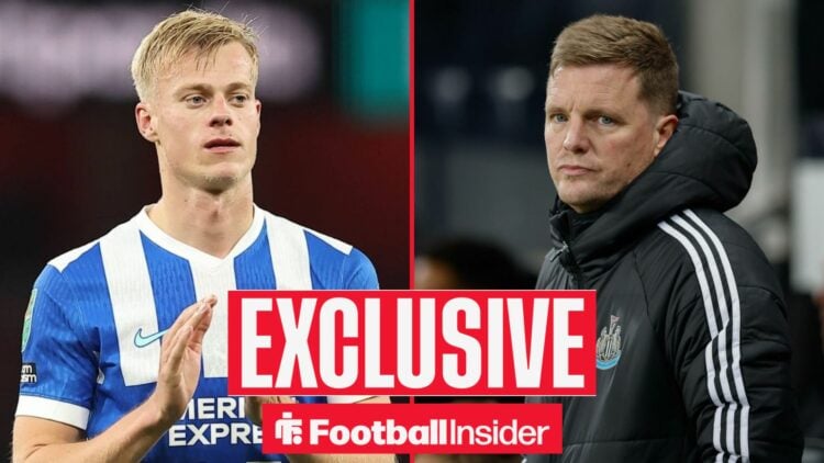 Football Insider exclusive as Brighton defender Jan Paul van Hecke applauds after a game, while Newcastle manager Eddie Howe stares across from the...