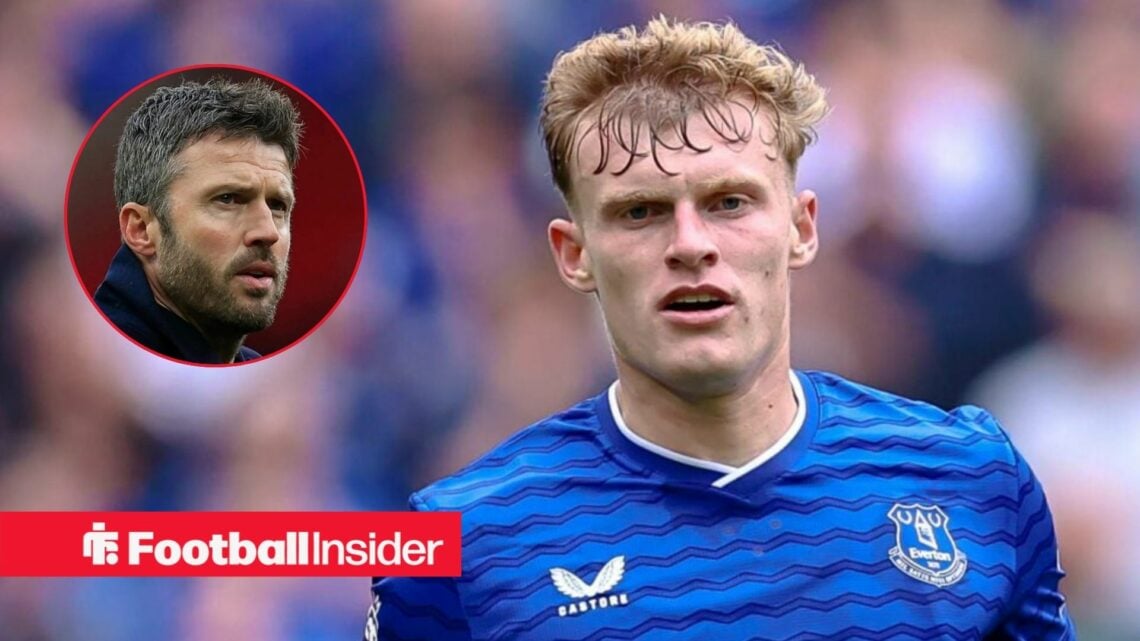 Jarrad Branthwaite in action for Everton, with Michael Carrick in a circular inset