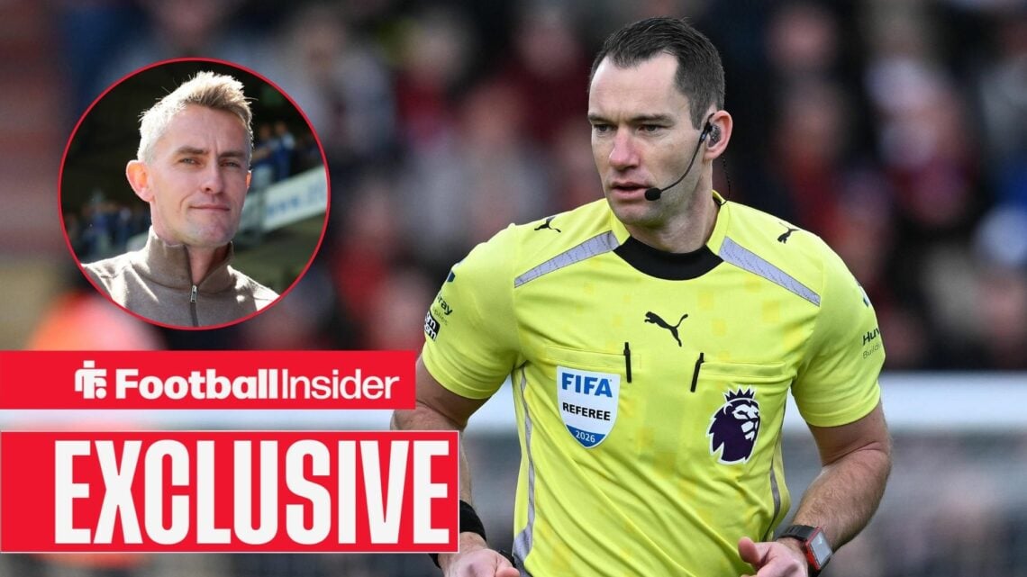Football Insider exclusive as referee Jarred Gillet is in action during a game, while Ipswich manager Kieran McKenna smiles in a circular inset.