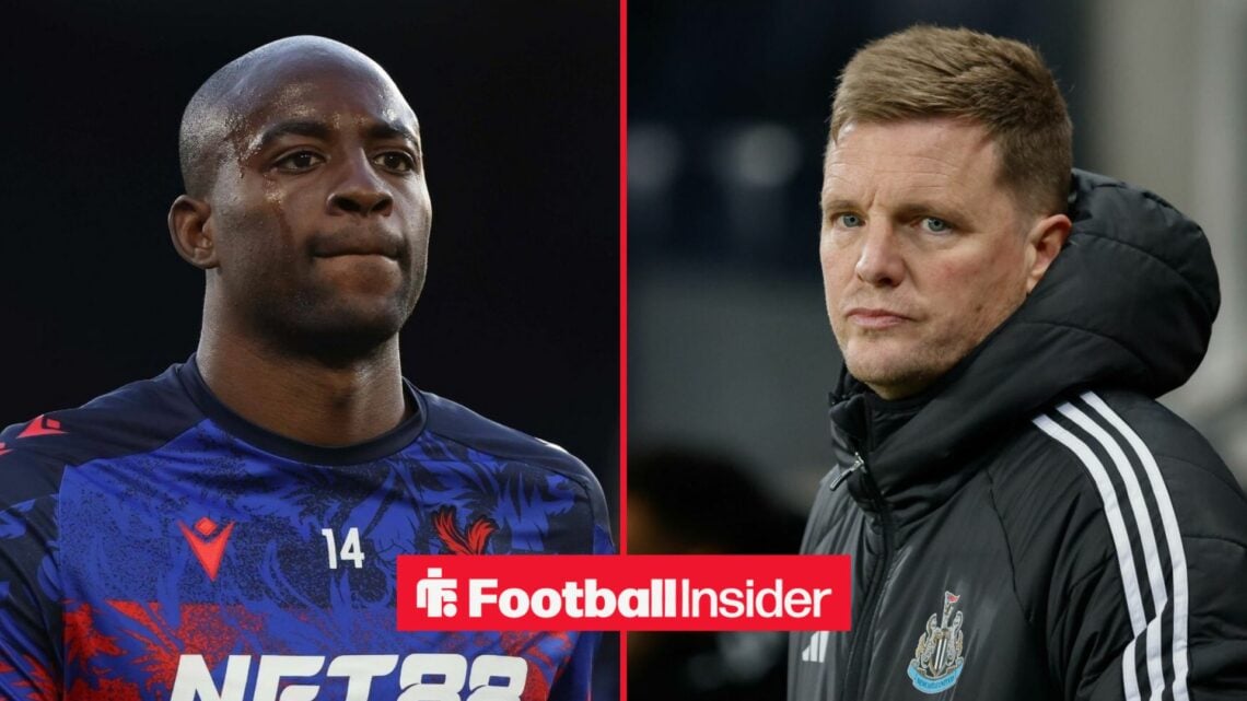 Jean-Philippe Mateta in action for Crystal Palace, with Eddie Howe on the sidelines at Newcastle