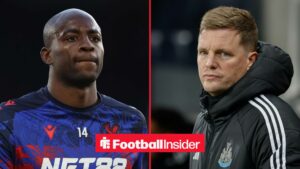 Jean-Philippe Mateta in action for Crystal Palace, with Eddie Howe on the sidelines at Newcastle