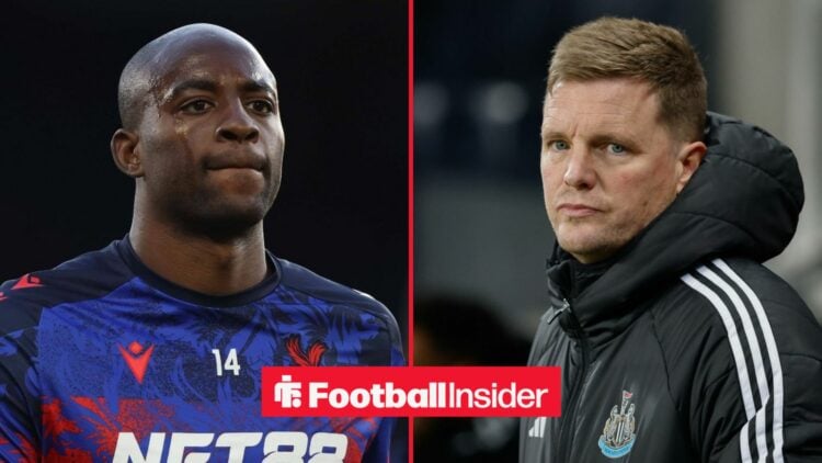 Jean-Philippe Mateta in action for Crystal Palace, with Eddie Howe on the sidelines at Newcastle