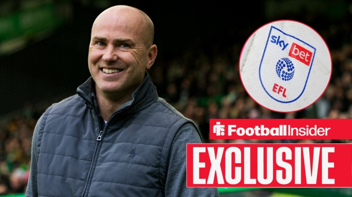 Football Insider exclusive as Motherwell manager Jens Berthel Askou smiles towards the EFL badge, which features in a circular inset.