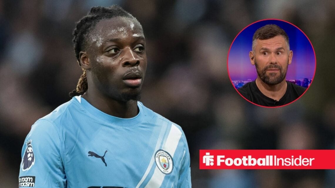 Manchester City winger Jeremy Doku stares towards a circular inset, where pundit Ben Foster watches from the Match of the Day studio.