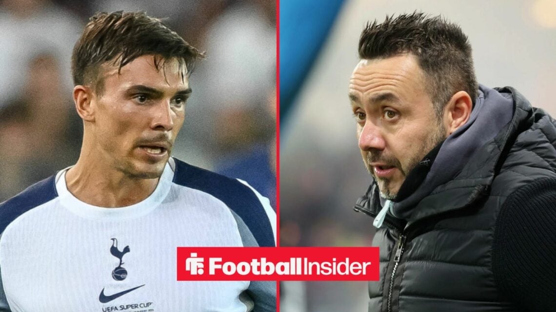 Joao Palhinha in action for Tottenham, with Roberto De Zerbi in a circular inset