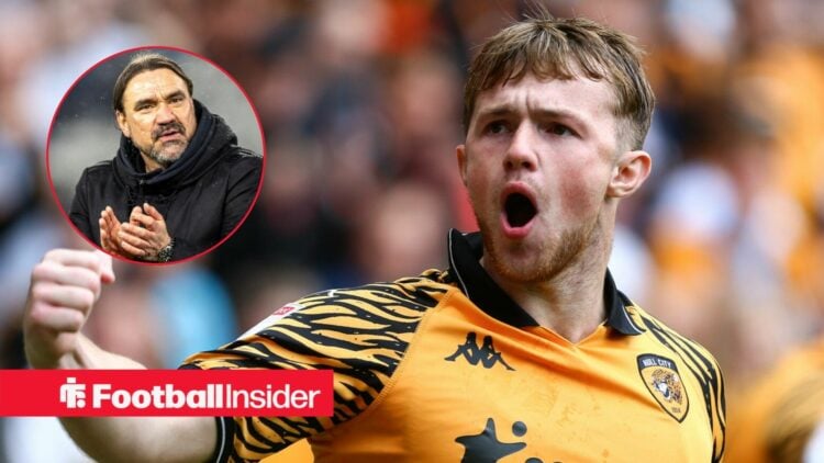 Joe Gelhardt punches the air while celebrating a goal for Hull City, as Leeds manager Daniel Farke applauds in a circular inset.