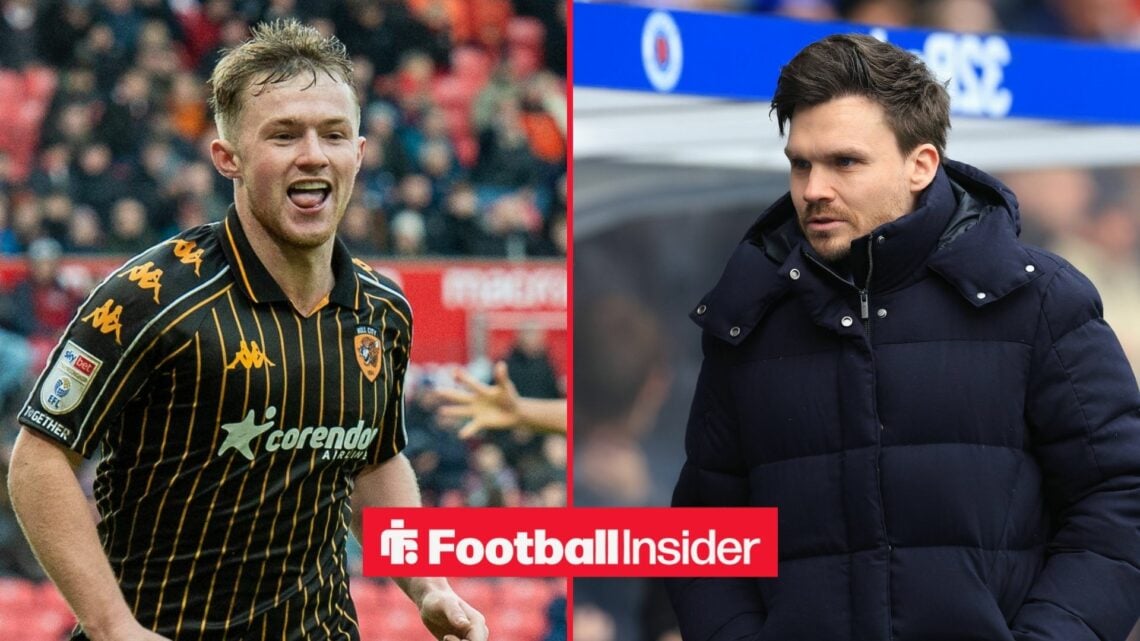 Joe Gelhardt celebrates a goal for Hull City, as Rangers manager Danny Rohl watches from the other side of a split image.