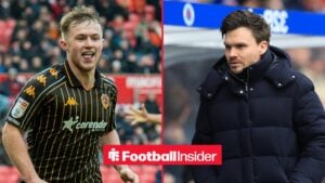 Joe Gelhardt celebrates a goal for Hull City, as Rangers manager Danny Rohl watches from the other side of a split image.