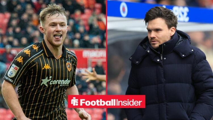 Joe Gelhardt celebrates a goal for Hull City, as Rangers manager Danny Rohl watches from the other side of a split image.