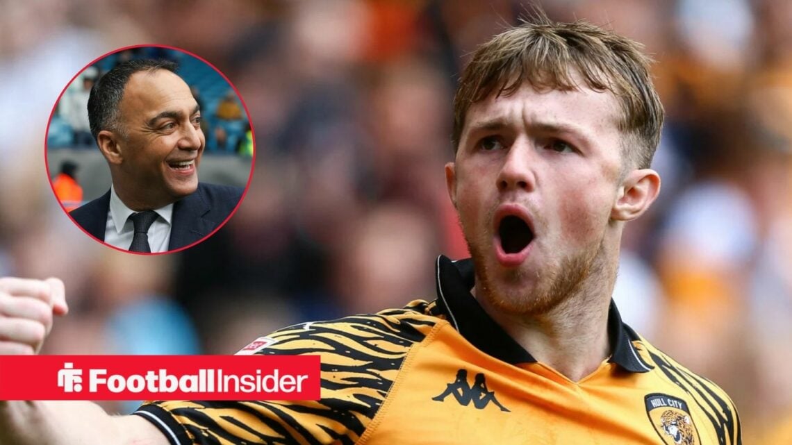 Joe Gelhardt celebrating a goal for Hull City, with Paraag Marathe in a circular inset