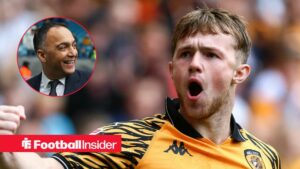 Joe Gelhardt celebrating a goal for Hull City, with Leeds United chief Paraag Marathe in a circular inset