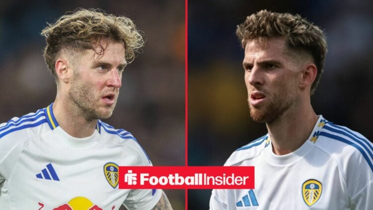 Joe Rodon and Anton Stach in action for Leeds United