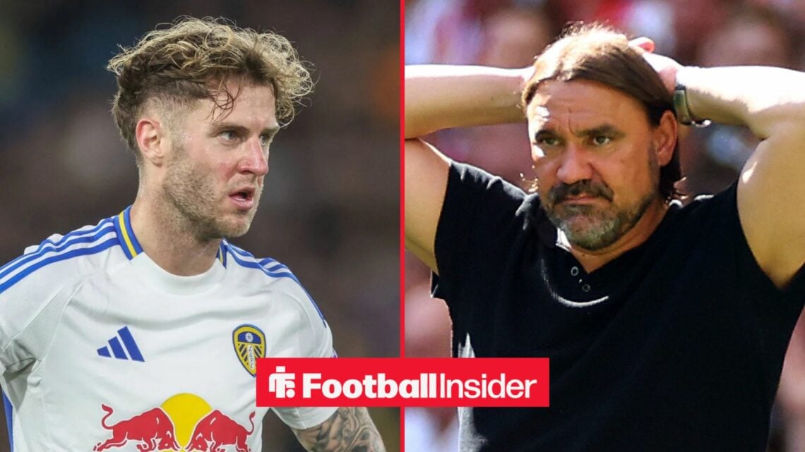 Joe Rodon in action for Leeds United, with Daniel Farke on the sidelines