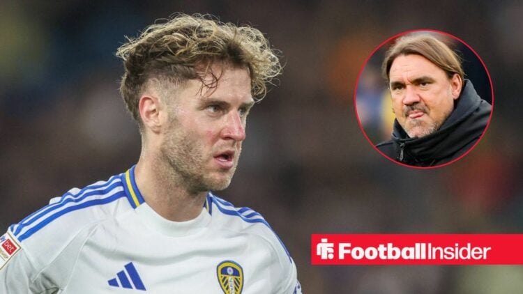 Joe Rodon in action for Leeds United, with Daniel Farke in a circular inset