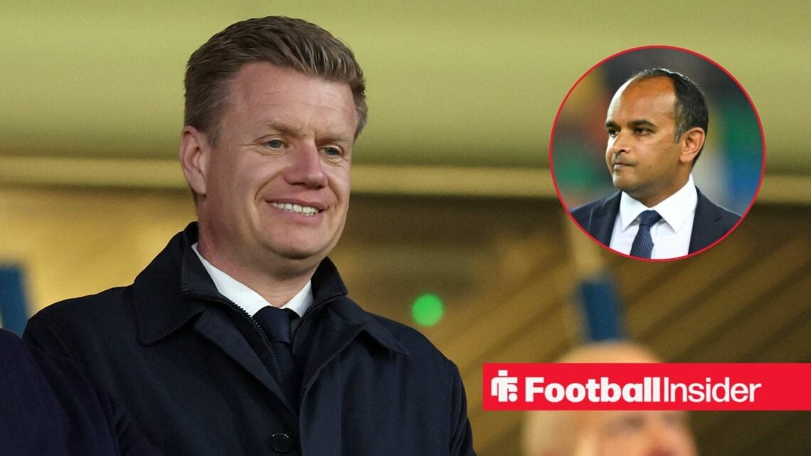 Tottenham sporting director Johan Lange smiles nervously in the stands, as chief executive Vinai Venkatesham watches from a circular inset.