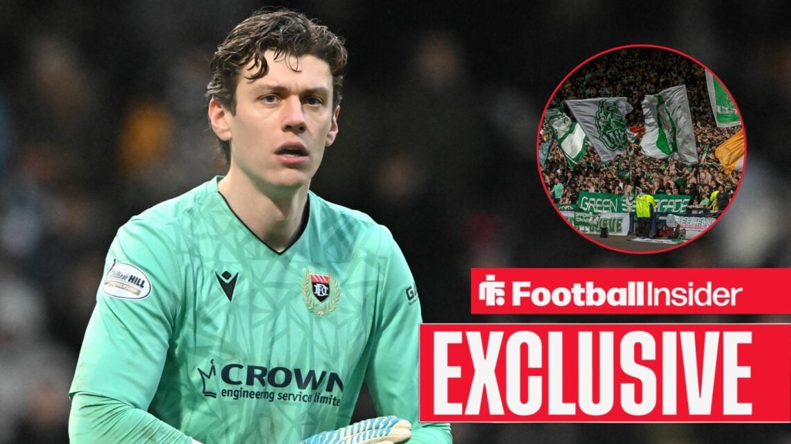 Football Insider exclusive as Dundee goalkeeper Jon McCracken looks towards a circular inset, where the Celtic fans wave flags in the stands.