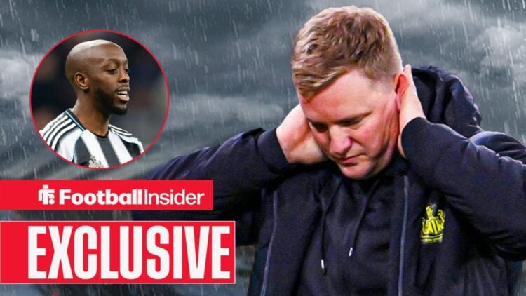Football Insider exclusive as Newcastle manager Eddie Howe has his hands on his head in the rain, as Yoane Wissa looks frustrated in a circular inset.