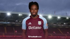 Bologna forward Jonathan Rowe stands at Villa Park wearing an Aston Villa shirt.