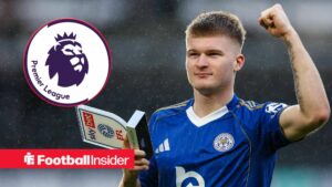 Jordan James of Leicester City celebrates with his award in front of the supporters at full-time during the Sky Bet Championship match between Derby County and Leicester City at Pride Park in Derby, England, on December 6, 2025 / Premier League badge