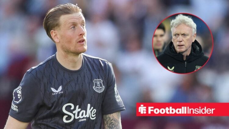 West Ham United versus Everton, Jordan Pickford of Everton on 25 April, 2026 / Everton manager David Moyes