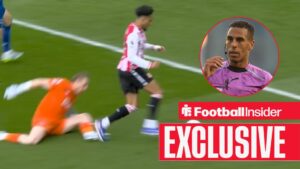 Everton goalkeeper Jordan Pickford fouls Kevin Schade inside the penalty area on 11 April, 2026 / Farai Hallam during the EFL Cup match between Portsmouth and Reading at Fratton Park, Portsmouth, England on 12 August 2025