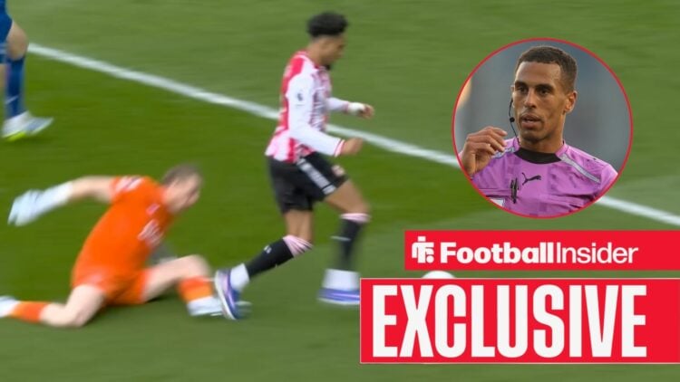 Everton goalkeeper Jordan Pickford fouls Kevin Schade inside the penalty area on 11 April, 2026 / Farai Hallam during the EFL Cup match between Por...