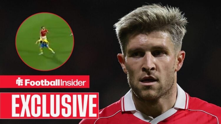 Josh Windass of Wrexham during the Wrexham vs Birmingham City Sky Bet Championship match at the SToK Cae Ras, Wrexham / Kieffer Moore grabs the ass...