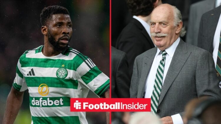 Kelechi Iheanacho in action during a game for Celtic, as owner Dermot Desmond smiles on the other side of a split image.
