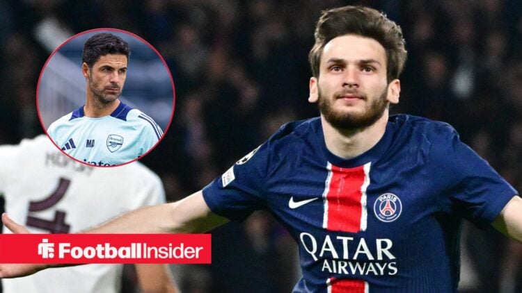 PSG star Khvicha Kvaratskhelia celebrating / Arsenal s manager Mikel Arteta during an open training session at Philadelphia Union s Subaru Park ahe...