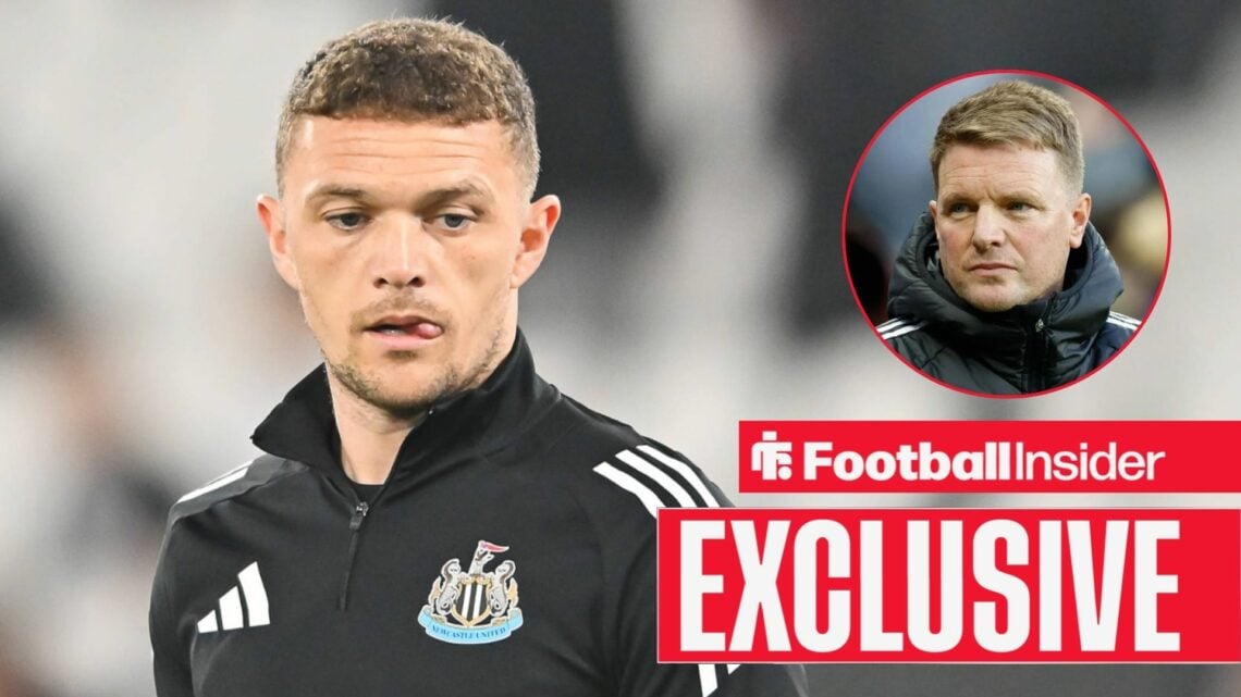 Football Insider exclusive as Kieran Trippier warms up for a game for Newcastle, while manager Eddie Howe watches from a circular inset.