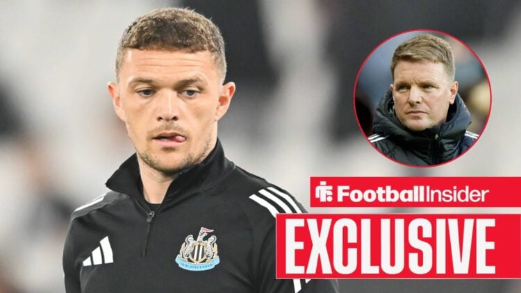 Football Insider exclusive as Kieran Trippier warms up for a game for Newcastle, while manager Eddie Howe watches from a circular inset.