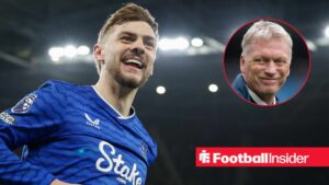 Kiernan Dewsbury-Hall smiles while celebrating a goal, as Everton manager David Moyes grins in a circular inset.