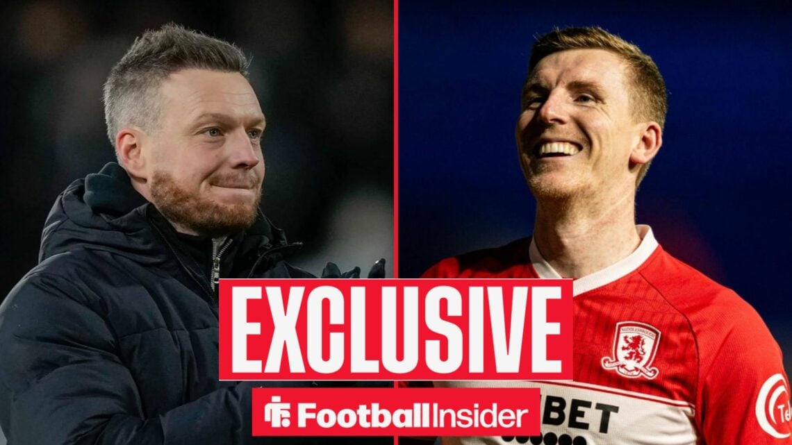 Football Insider exclusive as Middlesbrough manager Kim Hellberg stares across a split image towards Matt Targett, who smiles after a game.