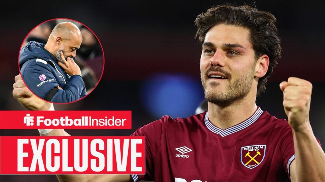 Football Insider exclusive as West Ham defender Konstantinos Mavropanos punches the air after a game, while manager Nuno Espirito Santo has his hea...