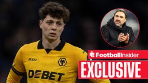 Football Insider exclusive as Wolves defender Ladislav Krejci is in action during a game, while Leeds manager Daniel Farke applauds in a circular inset.