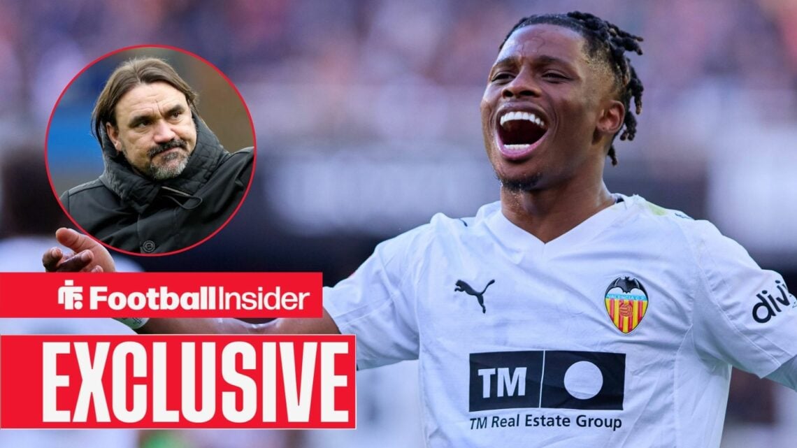 Football Insider exclusive as Largie Ramazani celebrates a goal for Valencia, as Leeds manager Daniel Farke looks stern in a circular inset.
