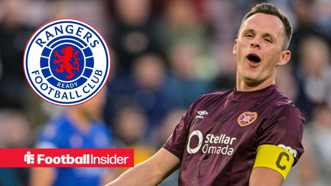 Lawrence Shankland of Heart of Midlothian during the William Hill Premiership match at Tynecastle Park, Edinburgh / Rangers badge