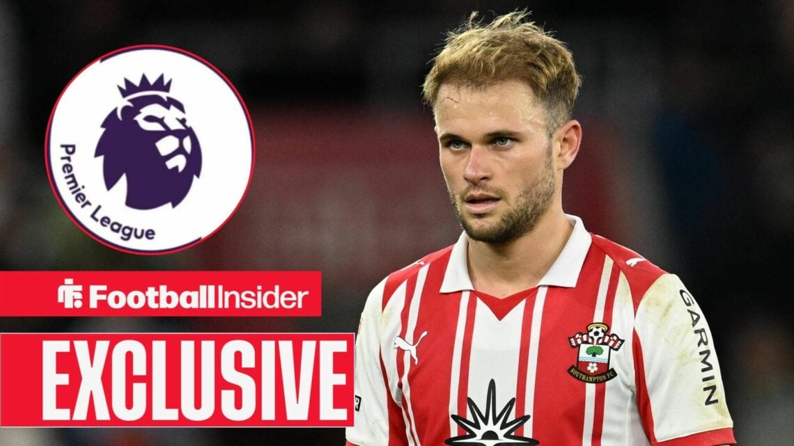 Football Insider exclusive as Leo Scienza is in action during a game for Southampton, while the Premier League logo features in a circular inset.