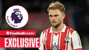 Football Insider exclusive as Leo Scienza is in action during a game for Southampton, while the Premier League logo features in a circular inset.