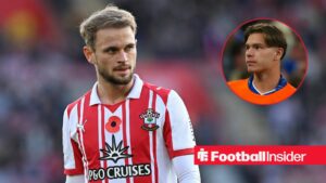 Southampton winger Leo Scienza stares towards Everton winger Tyler Dibling, who looks concerned in a circular inset.