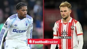 Leon Bailey in action during a game for Aston Villa, as Southampton's Leo Scienza watches from the other side of a split image.