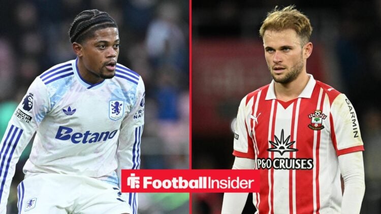 Leon Bailey in action during a game for Aston Villa, as Southampton's Leo Scienza watches from the other side of a split image.