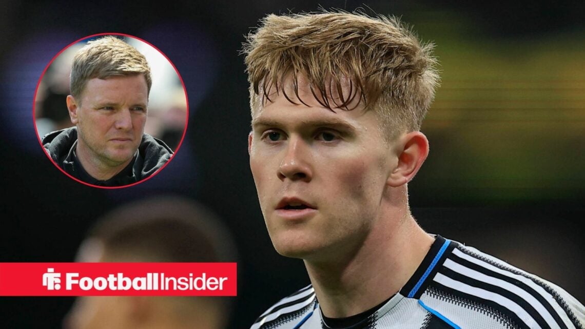 Lewis Hall in action for Newcastle, with Eddie Howe in a circular inset