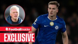 Football Insider exclusive as Chelsea striker Liam Delap is in action during a game, while Everton manager David Moyes watches from a circular inset.