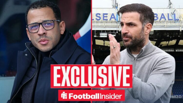 Football Insider exclusive as Chelsea manager Liam Rosenior stares across a split image towards Cesc Fabregas, who applauds at Stamford Bridge.
