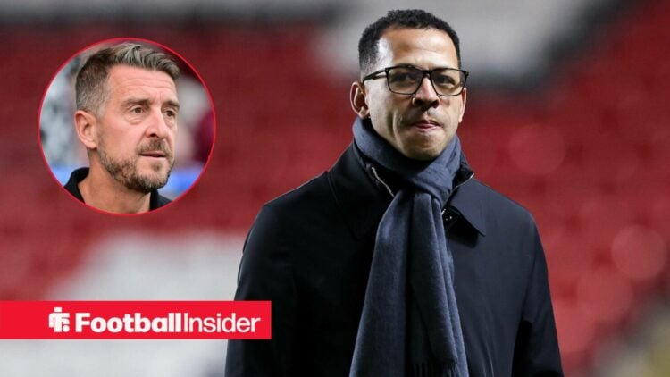 Chelsea manager Liam Rosenior glances towards a circular inset, where Port Vale boss Jon Brady watches on.