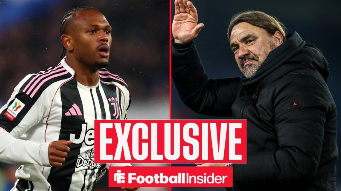 Football Insider exclusive as Juventus striker Lois Openda stares towards Leeds manager Daniel Farke, who waves on the other side of a split image.